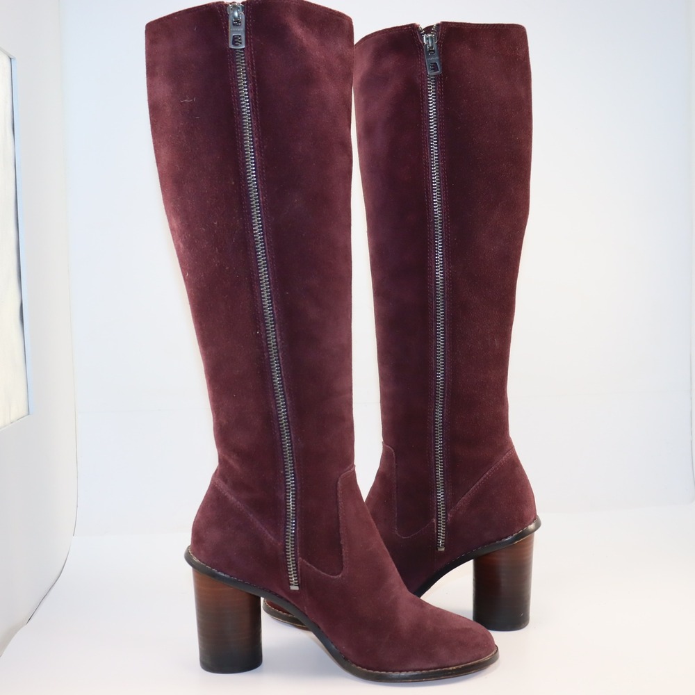 Coach Tall Suede Boots Womens 7 Burgundy Block Heel Knee High Leather Sole Zip - Picture 5 of 8